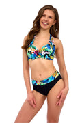 Maillot de bain deux pièces femme motif tropical luxuriant encolure licou bonnets rembourrés ceinture élastiquée tissu nylon elasthanne plage été