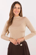 chemisier ajusté femme col montant manches longues maille côtelée extensible satinée beige viscose polyester confortable polyvalent