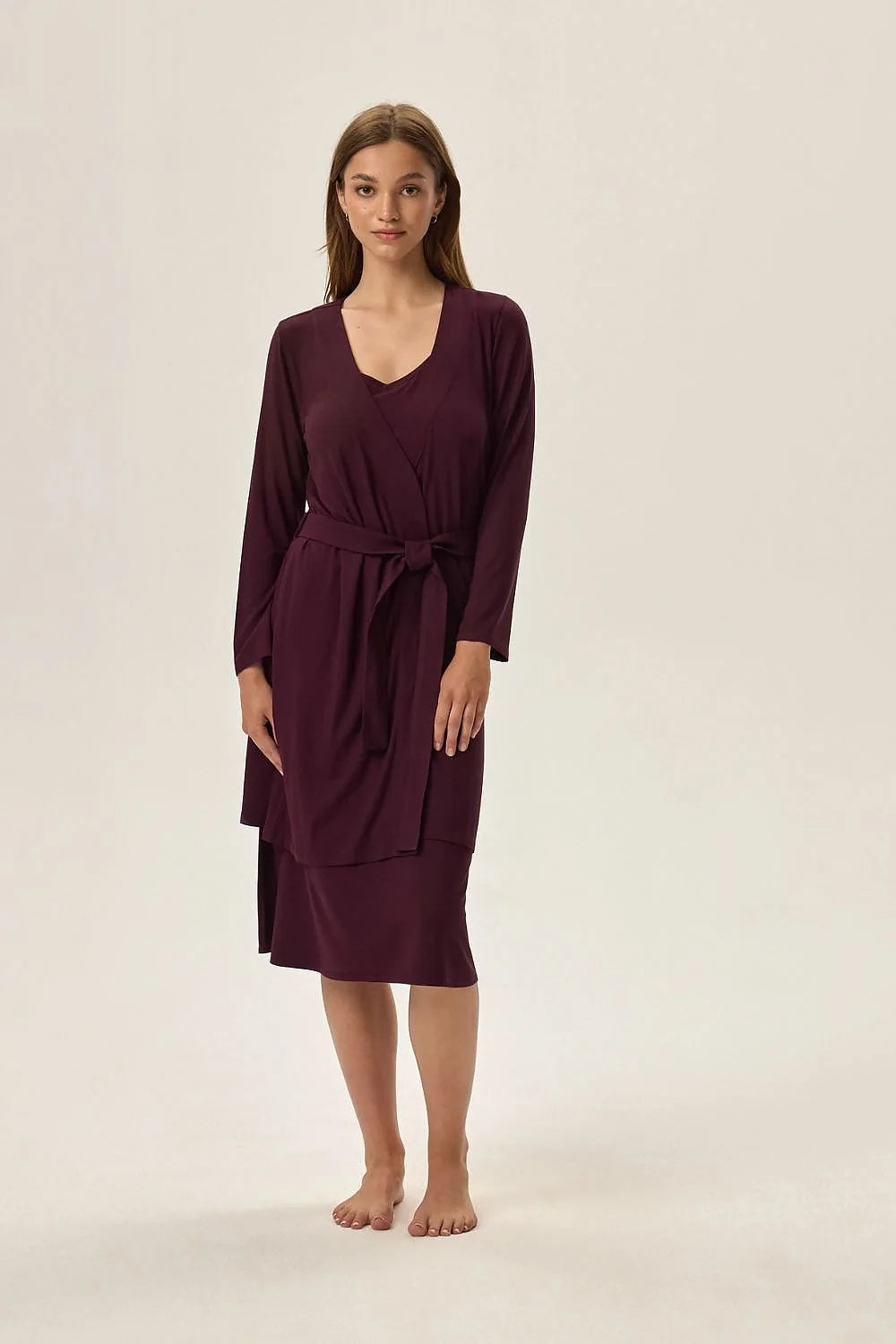 Ensemble robe et veste kimono prune profond élégant décontracté Jersey viscose 95% elasthanne 5% robe midi encolure V veste ample manches longues ceinture assortie