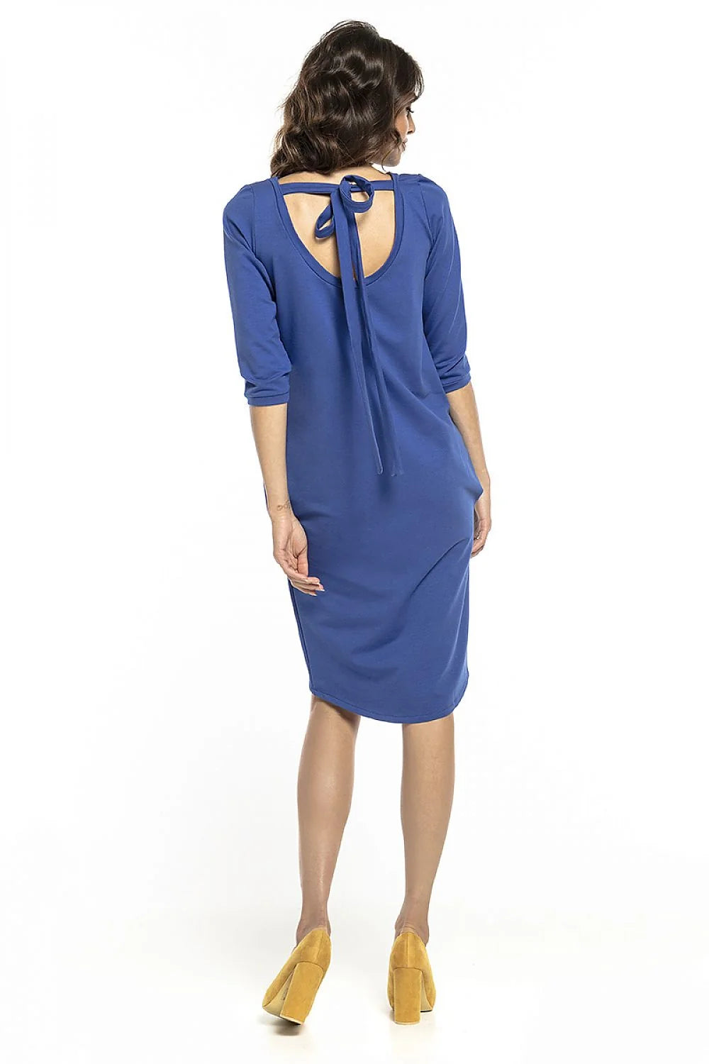 robe Tessita bleu royal midi genou manches trois quarts col rond ajustée jersey extensible confortable minimaliste