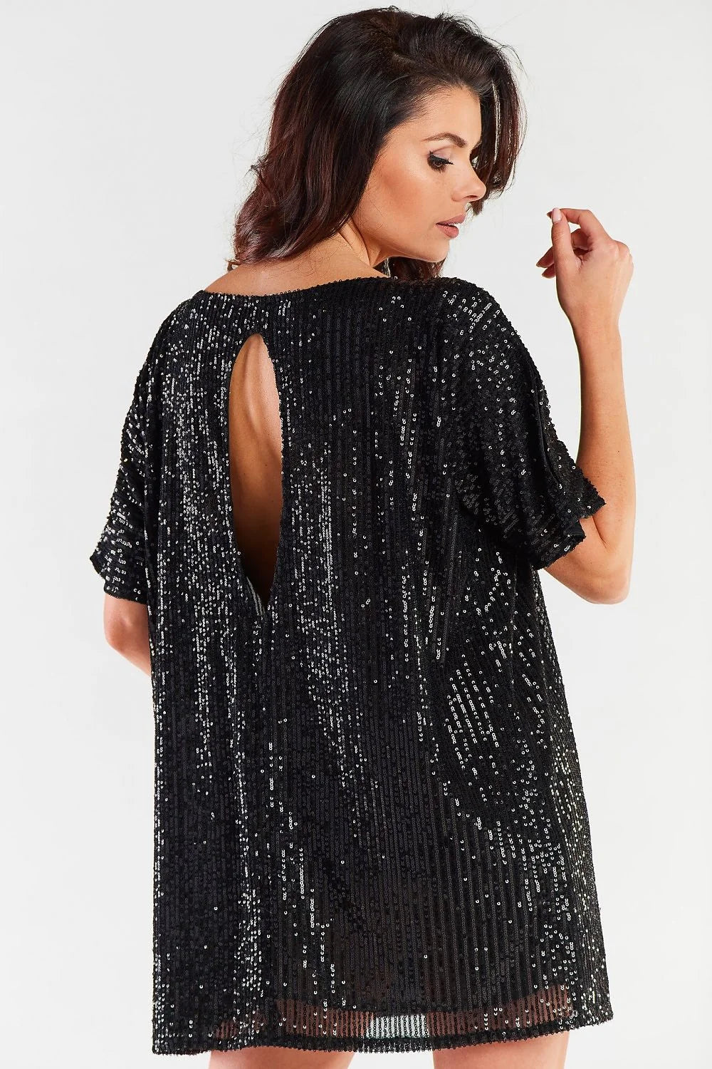 Robe de soirée scintillante rose métallisé sequins coupe ample manches courtes col rond femme
