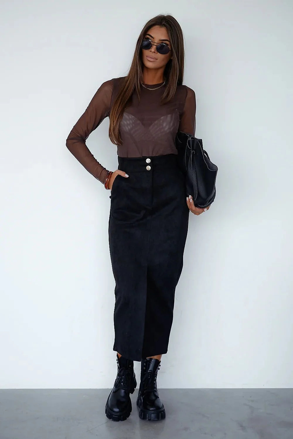 chemisier tulle marron transparent manches longues résille ajusté encolure ronde doublure emboîtant fluide léger élastique viscose