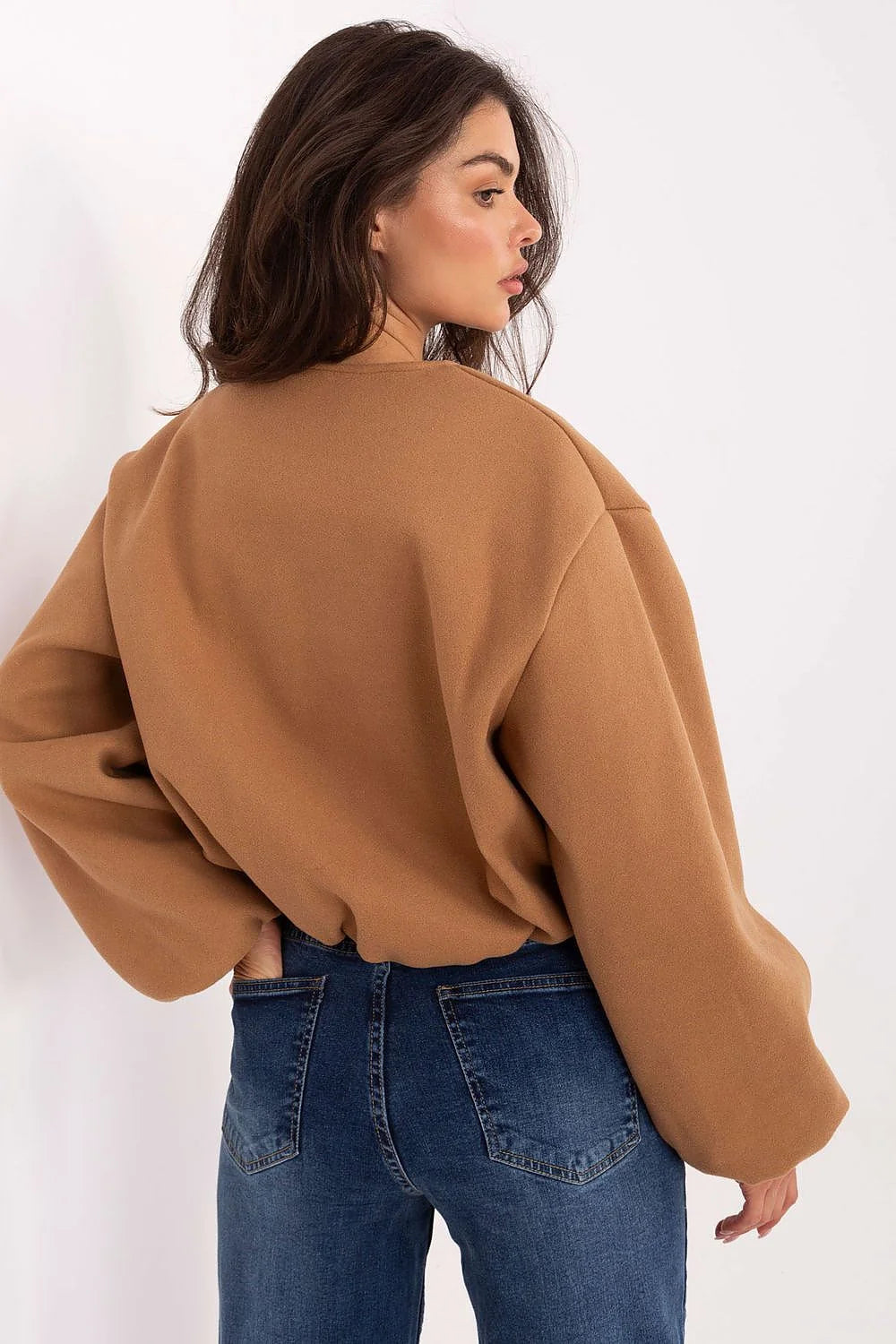 veste courte femme camel texturée feutre oversize col rond fermeture zippée manches bouffantes base élastiquée poches discrètes
