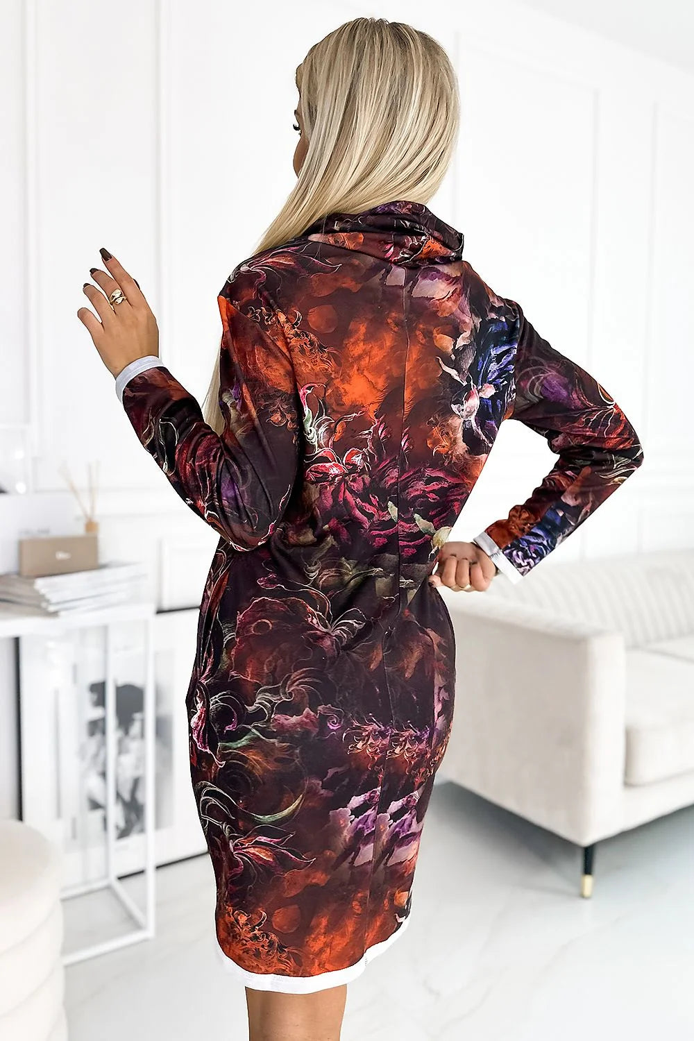 Robe de jour moderne à motifs abstraits Numoco en polyester et viscose, manches longues, encolure ronde, tailles S à XXL
