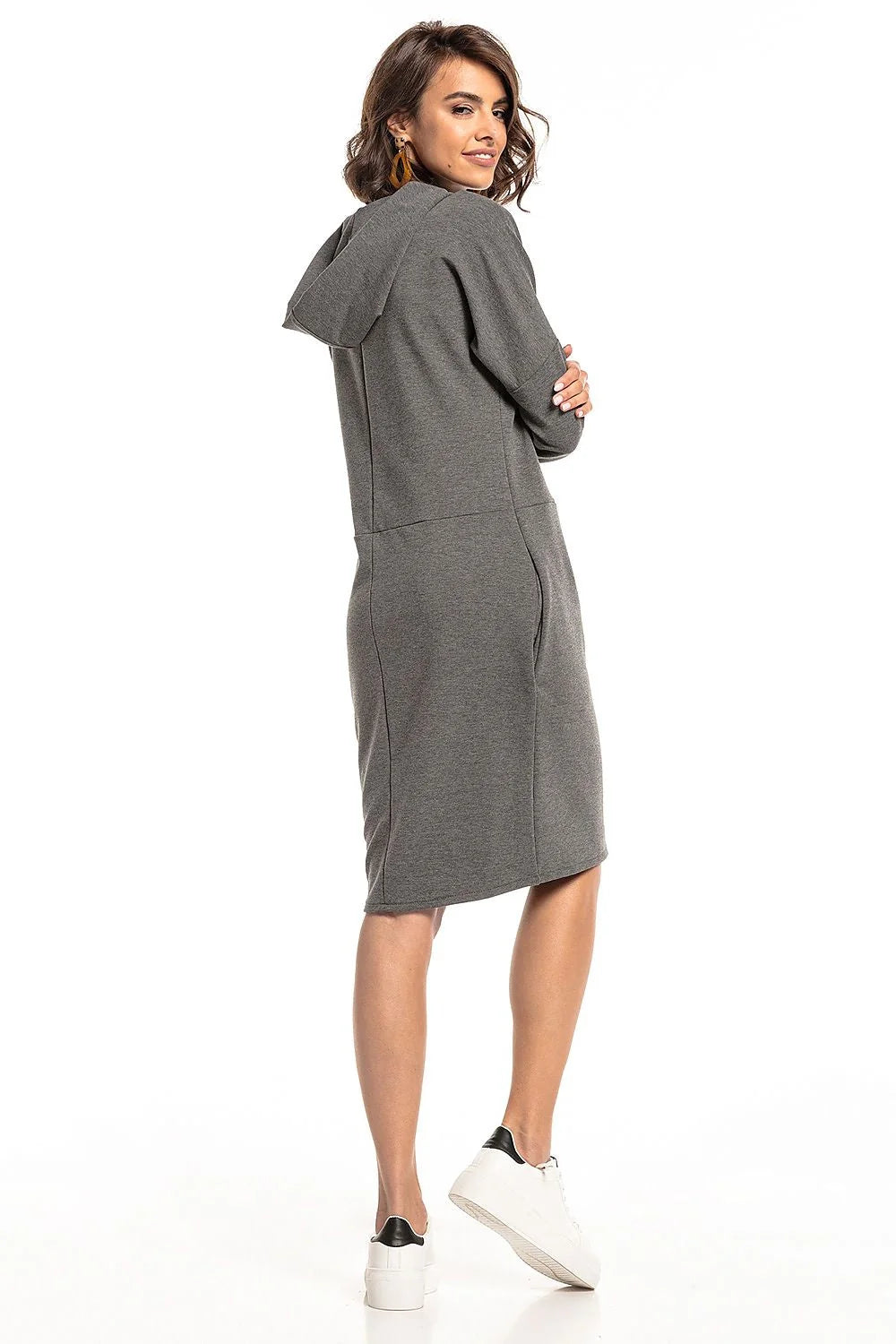 Robe en tricot coton rose décontractée avec capuche manches longues pour femme moderne élégante