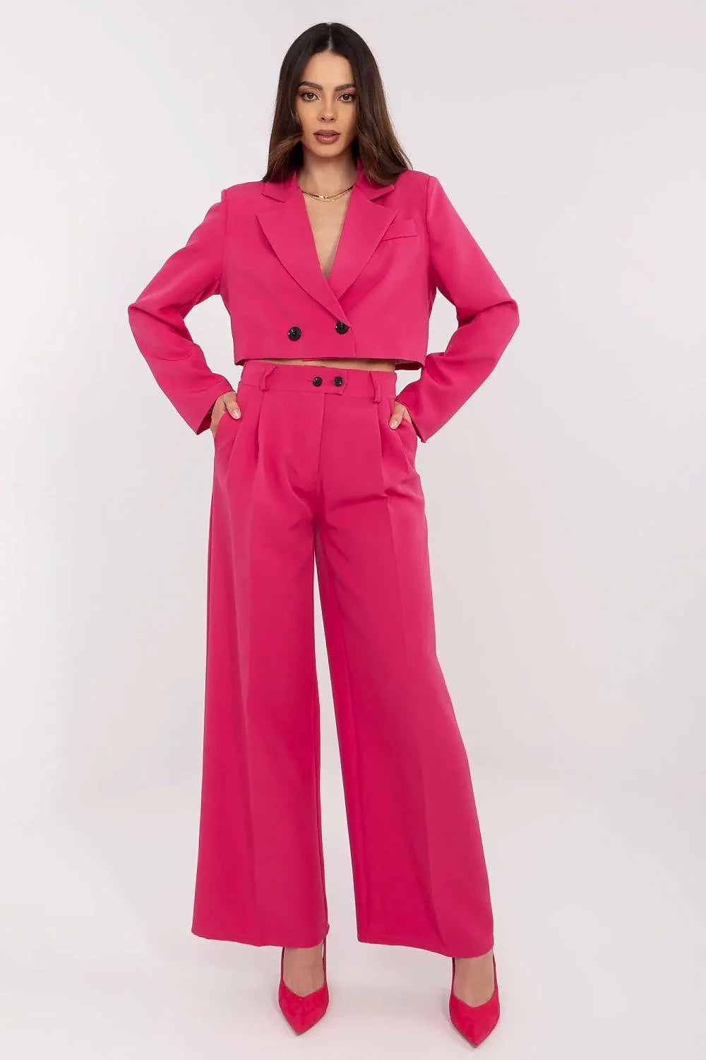 Ensemble Italy Moda moderne audacieux pour femme en polyester et elastane, rose vif, veste courte et pantalon taille haute
