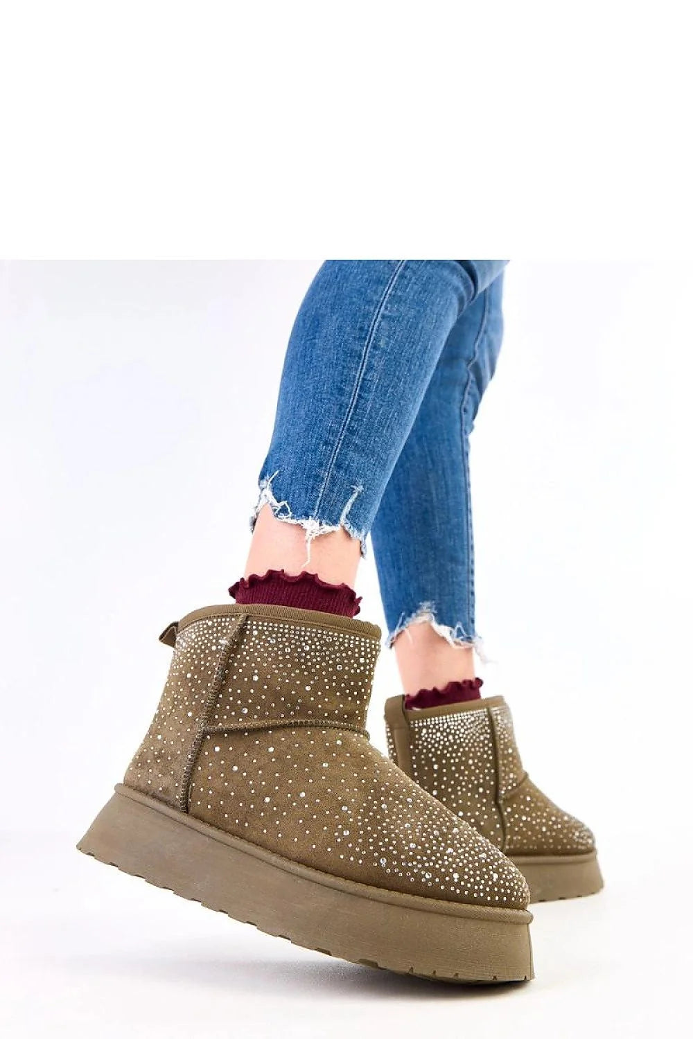 bottines femme suédine kaki strass scintillants plateforme chunky bout rond talon plat doublure fourrée semelle crantée bride arrière chaleur confort