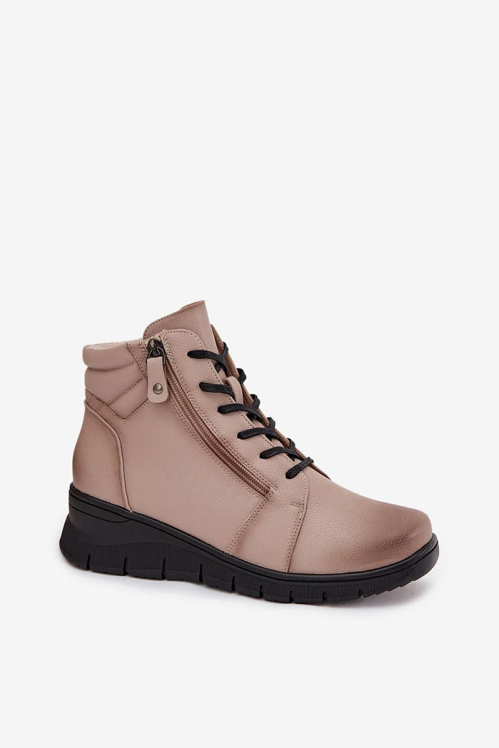 bottines femme Vinceza cuir naturel taupe beige bout rond semelle crantée noire talon compensé bas lacets zippée tige rembourrée polyvalente