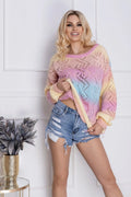 pull maille crochetée femme oversize ample ajourée zigzag dégradé pastel rose bleu lilas manches longues col rond