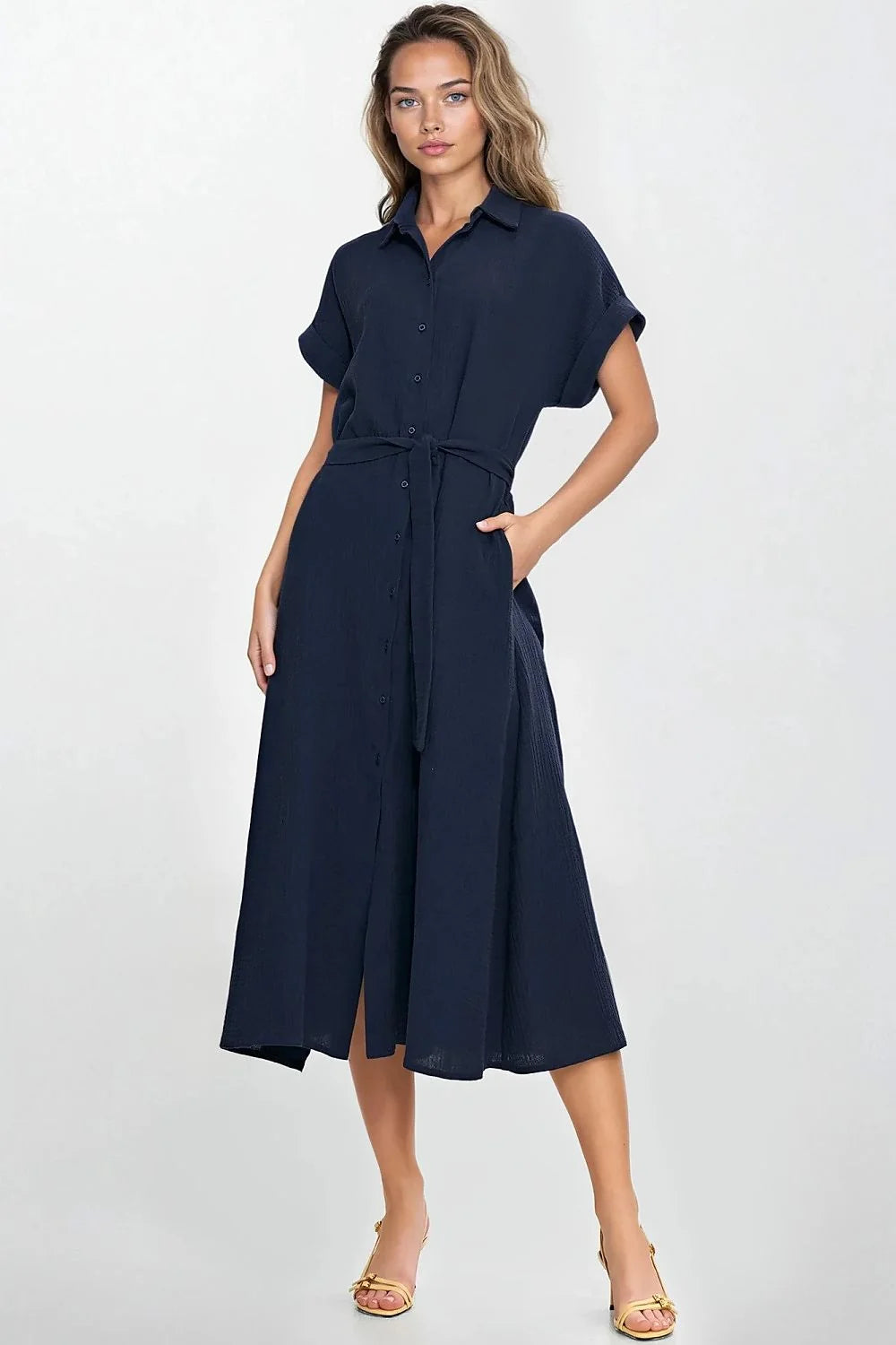 Robe longue classique chemisier bleu marine manches courtes col rond ceinture tissu femme été