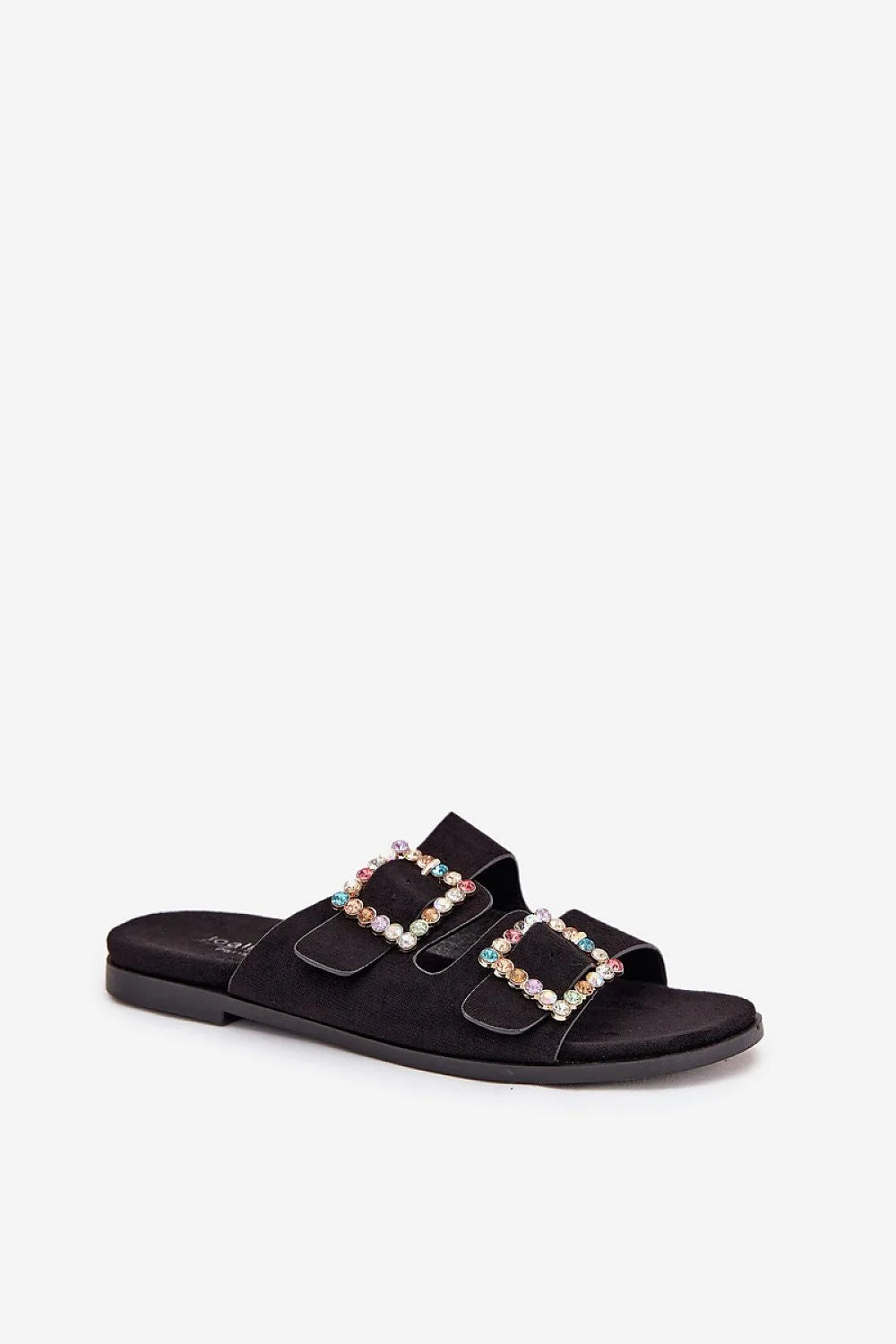 sandales femme plates slides double bride daim noir bout ouvert boucles carrées strass multicolores première rembourrée confort respirabilité réglables ajustement