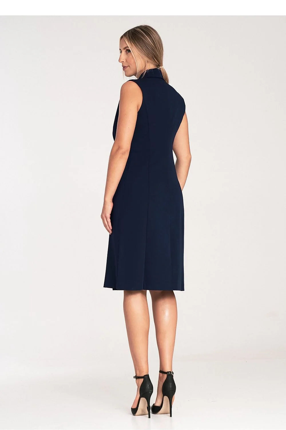 Robe de jour élégante sans manches style tailleur col revers double boutonnage robe midi polyester viscose femme