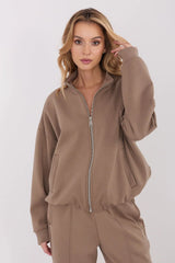 veste zippée femme oversize bomber col montant molleton dense taupe poches passepoilées ourlets élastiqués manches longues fermeture éclair métal confortable