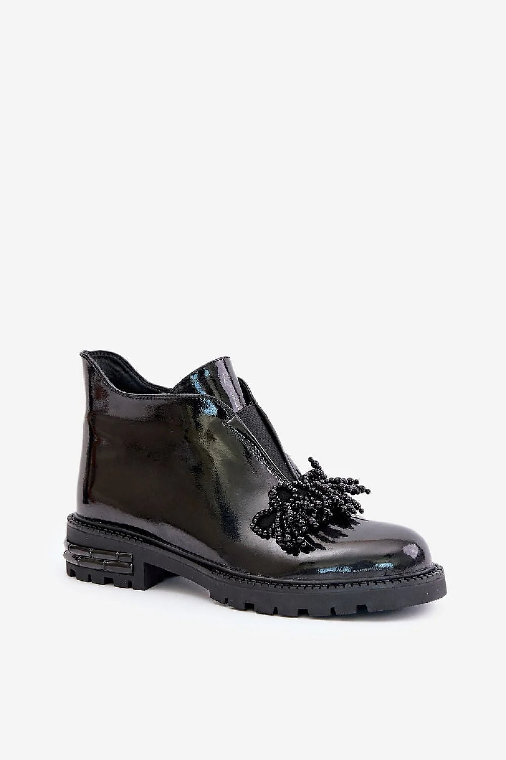 Bottes à bout rond basses en cuir verni noir pour femme, ornées de perles, semelle crantée, talon plat, design moderne et audacieux, style élégant, confort maximal