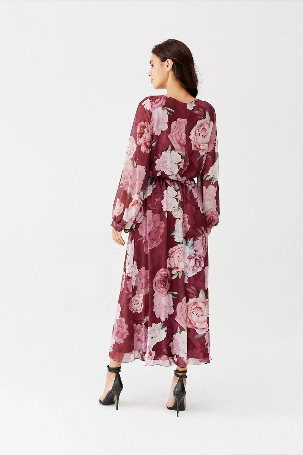 robe longue bohème chic Ariela mousseline imprimé floral bordeaux rose lilas manches longues bouffantes taille élastiquée jupe fluide doublée vaporeuse