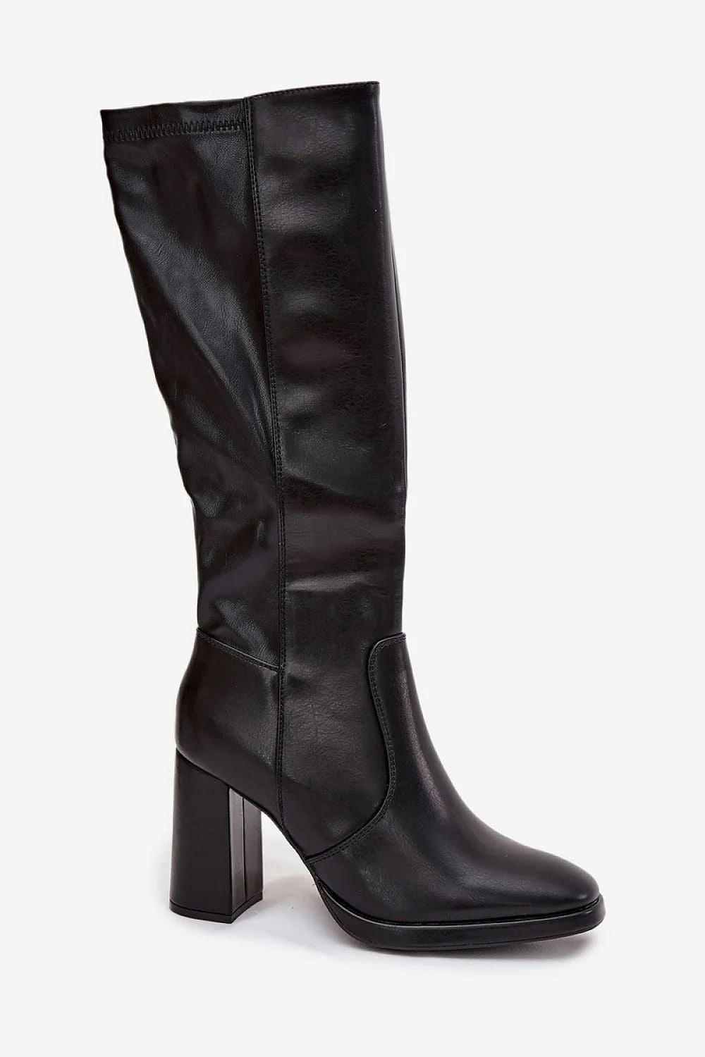 bottes montantes simili cuir noir lisse talon poteau stable haut bout légèrement pointu fermeture zippée doublure fourrure semelle discrète élégantes