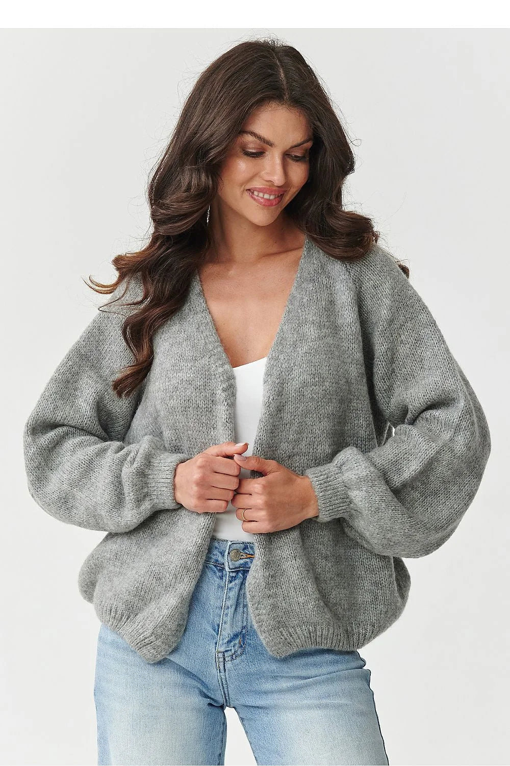 cardigan femme court maille douce mohair laine polyamide acrylique gris chiné oversize col V ouverture frontale manches ballon bordcote extensible