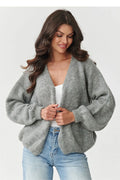 cardigan femme court maille douce mohair laine polyamide acrylique gris chiné oversize col V ouverture frontale manches ballon bordcote extensible