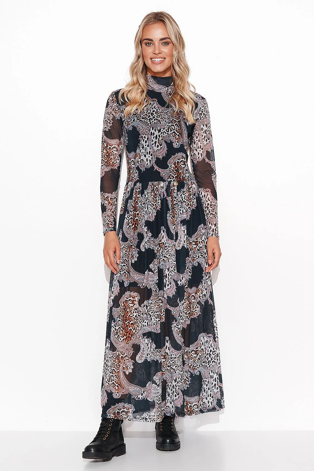robe longue Makadamia maille douce aérée motifs animaliers géométriques manches longues col montant taille marquée partie inférieure évasée