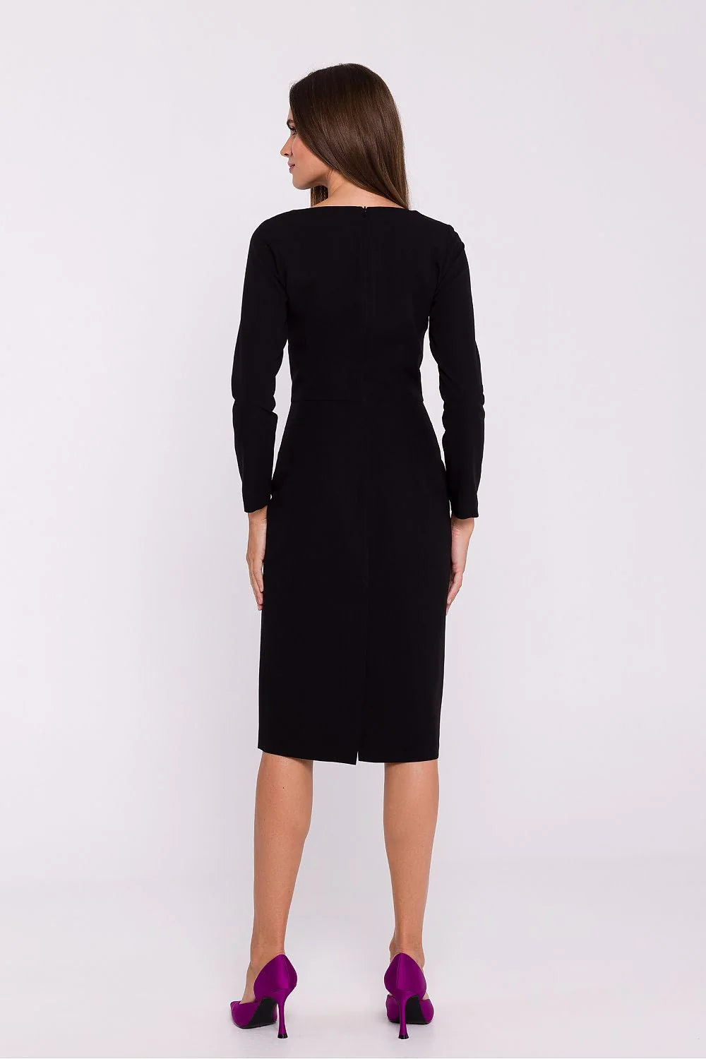 Robe de jour élégante pour femme en polyester-élasthanne noir asymétrique manches longues encolure croisée taille ajustée