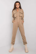 Combinaison femme coton polyester style utilitaire beige clair confortable poches fermeture éclair manches longues