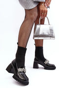 bottes talon carré épais cuir artificiel verni brillant tige chaussette côtelée bride noeud pavé strass semelle crantée maintien confortable urbain