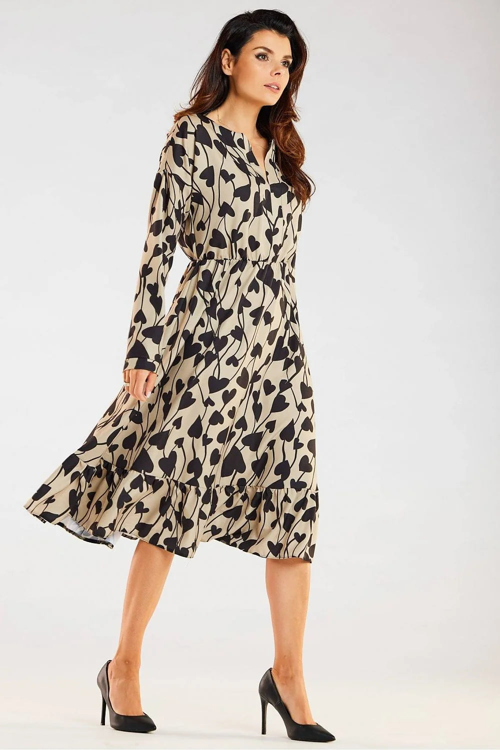 Robe awama femme style décontracté élégant floral automnal couleurs marron beige blanc noir manches longues taille élastiquée
