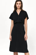 Robe de jour élégante longueur mi-longue col V manches courtes matière douce noire taille élastiquée femme