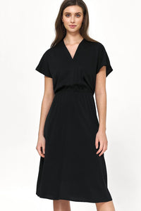 Robe élégante viscose noire col v manches courtes mi-longue taille élastiquée design minimaliste occasion formelle femme