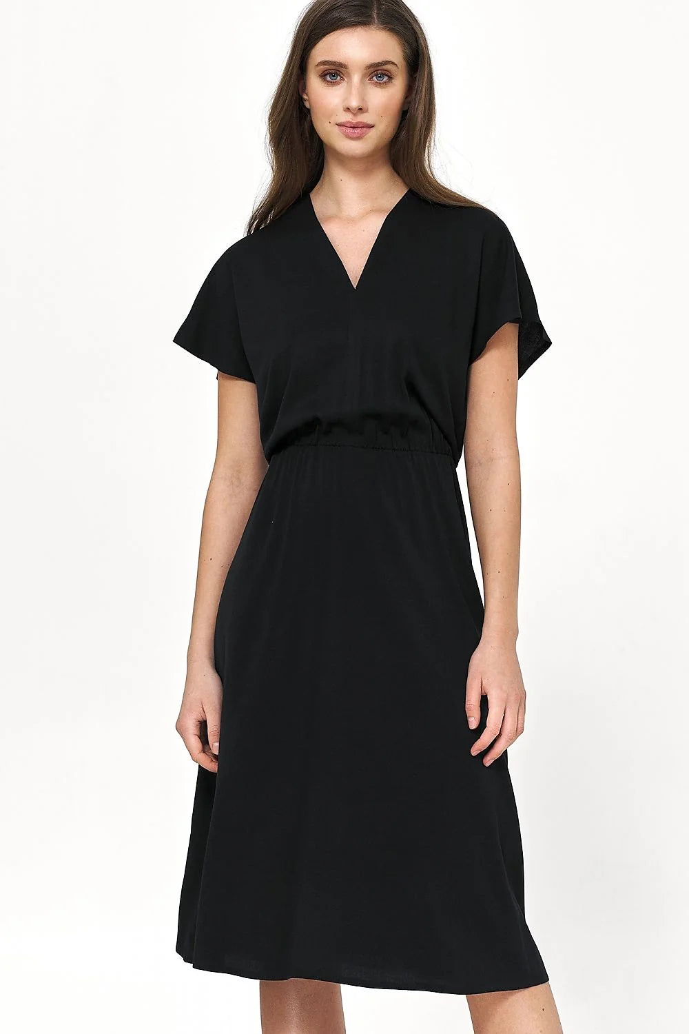 Robe de jour élégante longueur mi-longue col V manches courtes matière douce noire taille élastiquée femme