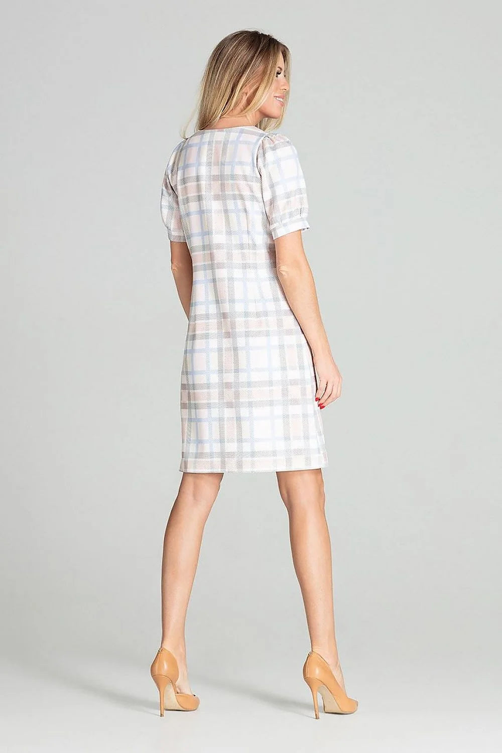 Robe élégante polyester bleu coupe droite genou manches courtes puffed femme style moderne sophistiqué