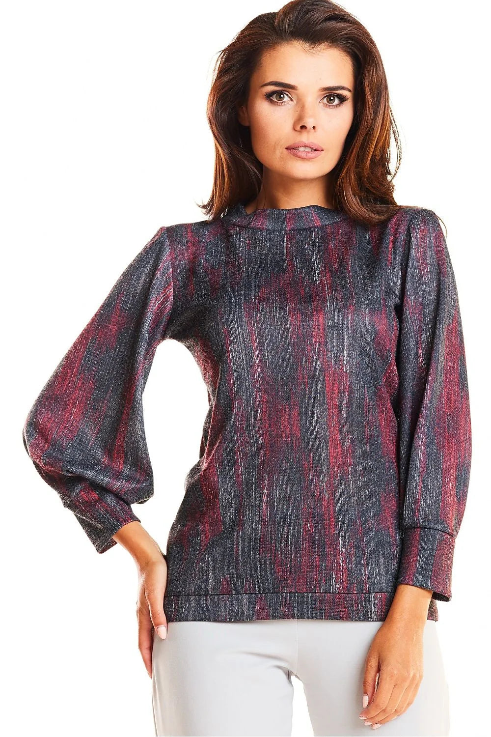 Haut élégant en tissu texturé à manches longues avec motif abstrait pour femme moderne chic