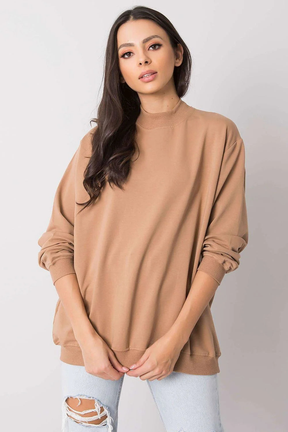 Sweatshirt BFG pour femme en coton 90% élasthanne 10%, style casual oversize, couleur bleu vif, manches longues, col rond côtelé, idéal pour tenues urbaines et décontractées