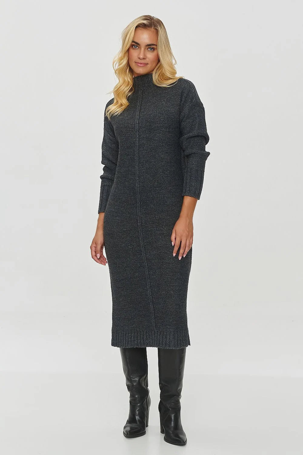 Robe en maille Makadamia style minimaliste col montant manches longues couleur gris anthracite femme