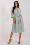 Robe féminine midi manches 3/4 col classique tissu léger polyester elasthanne motif géométrique verte bleue blanche occasion quotidienne travail