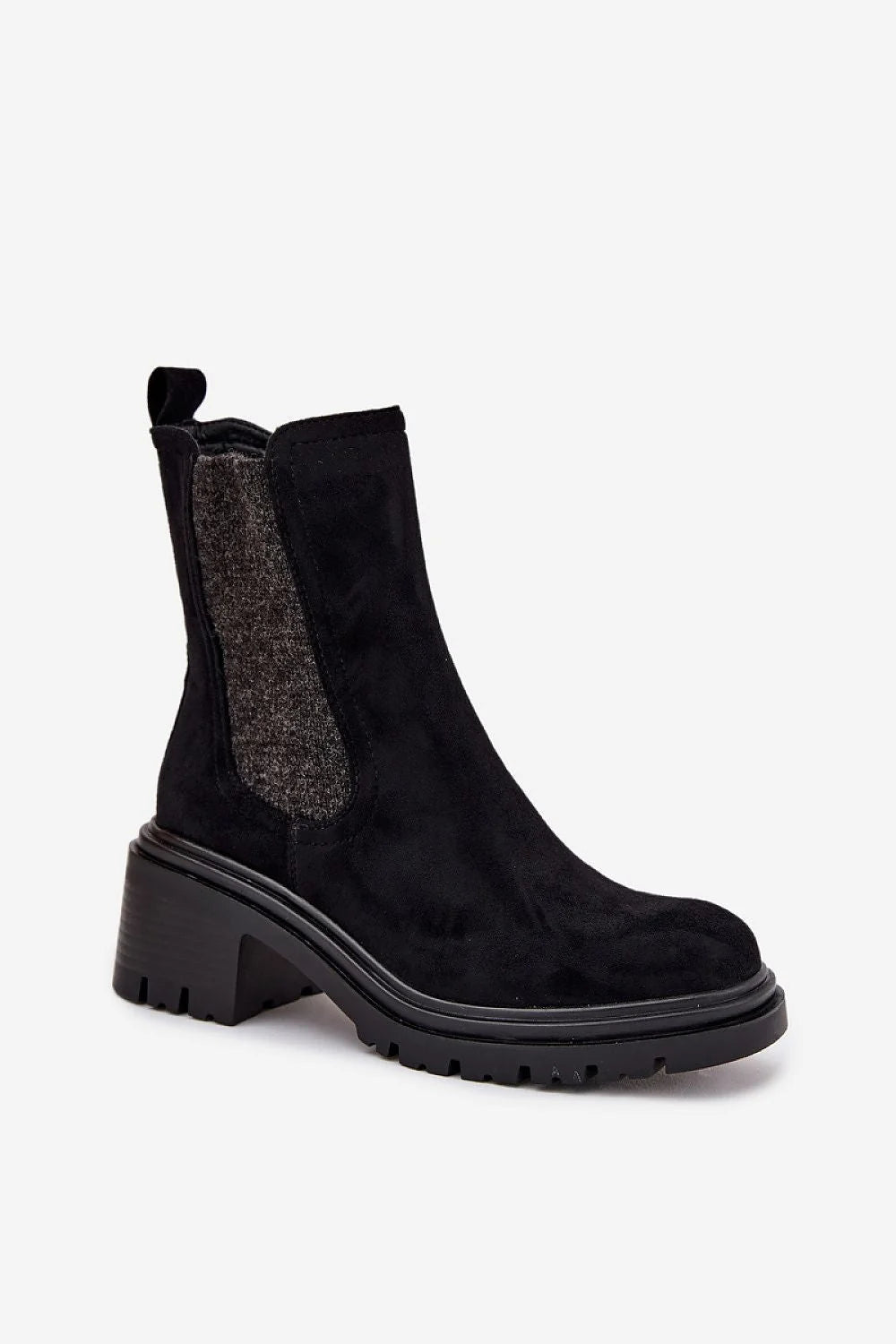 bottines chelsea femme suédine noire bout arrondi fermeture éclair latérale talon bloc 6cm semelle crantée doublure fourrure chaude