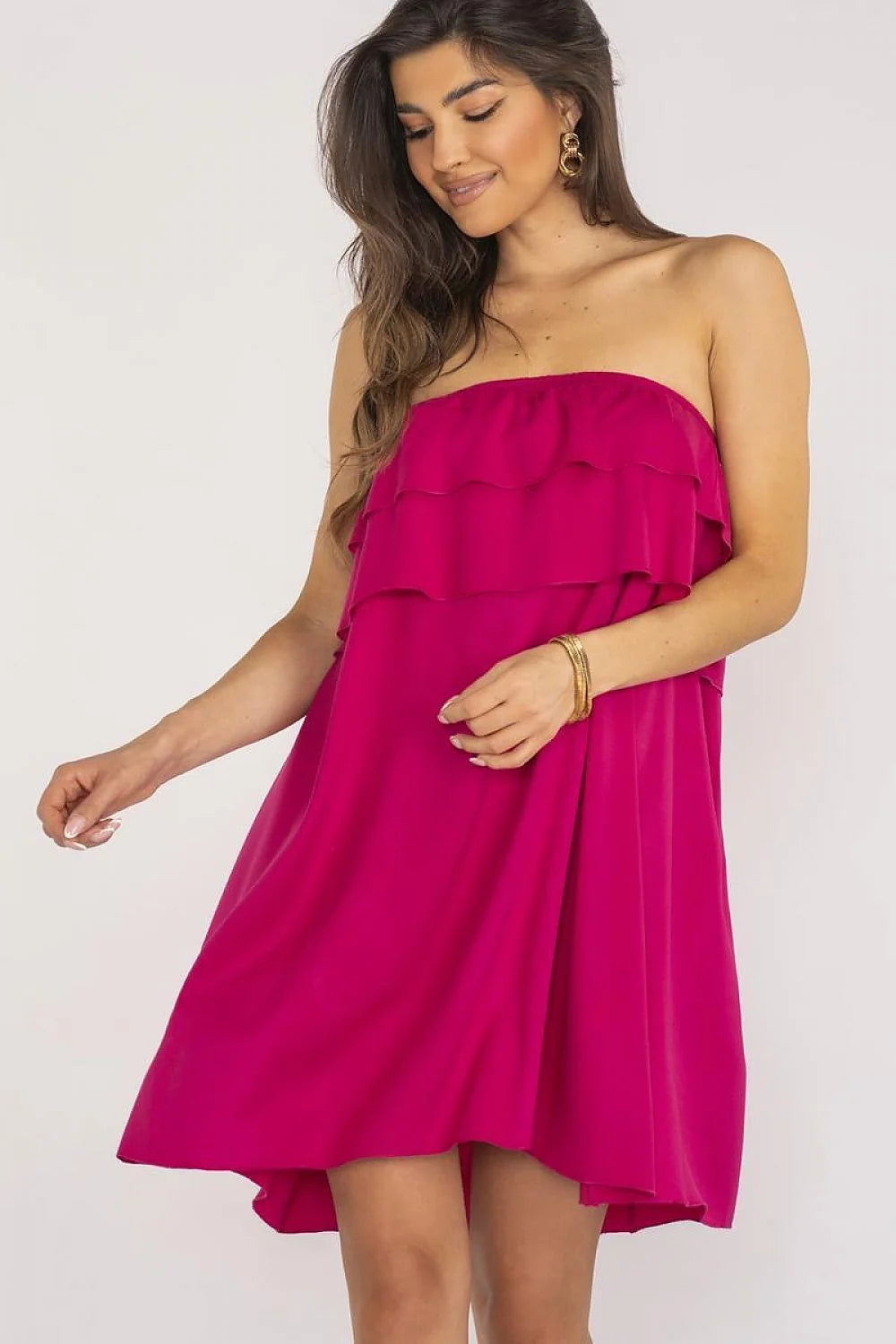 Robe bustier fuchsia moderne féminine à volants asymétrique polyester fluide sans manches