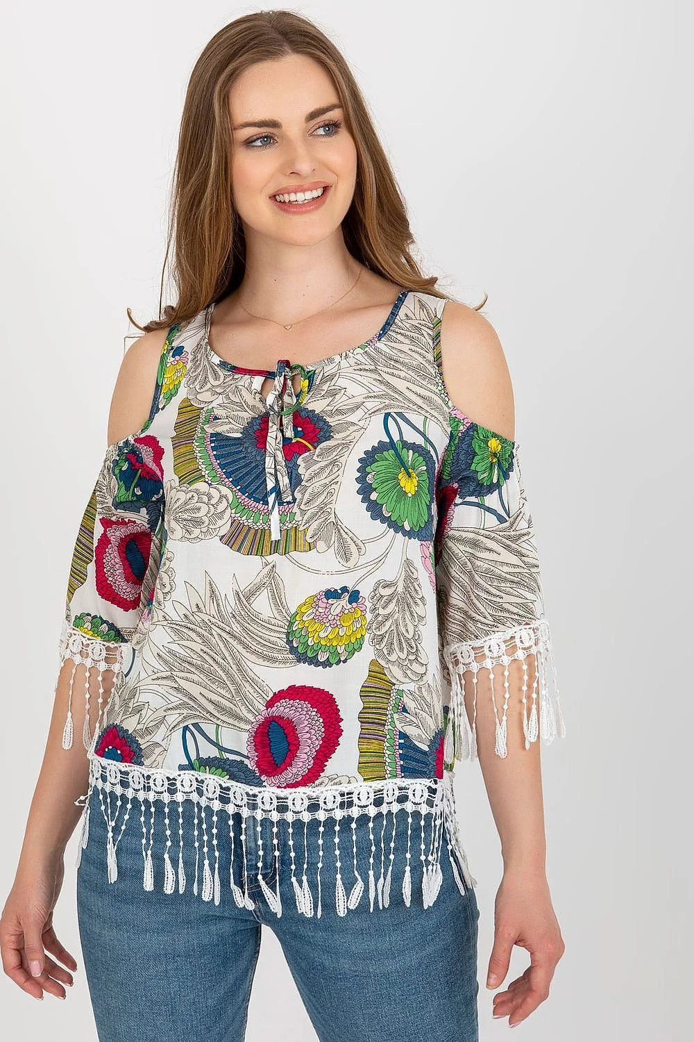 blouse bohème moderne femme coton polyester fluide imprimé floral multicolore manches trois quarts franges dentelle épaules dénudées col rond noué