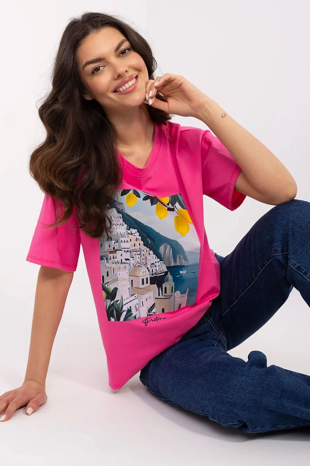 T-shirt Italy Moda pour femme, style casual, coupe ample, imprimé méditerranéen, coton élasthanne, confort tout le jour