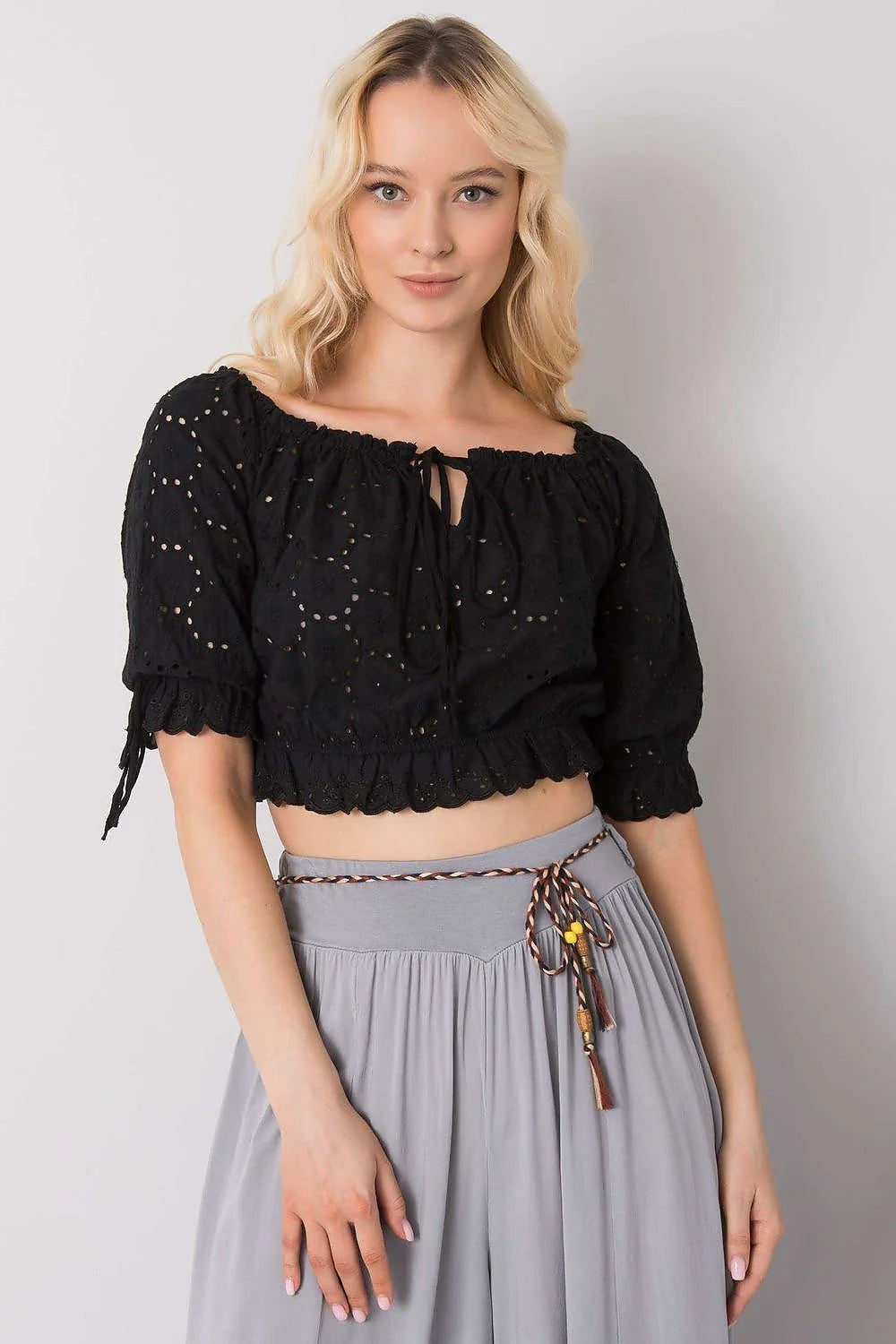 Ensemble féminin bohème été crop top jupe longue coton dentelle noire grise taille ajustable femme