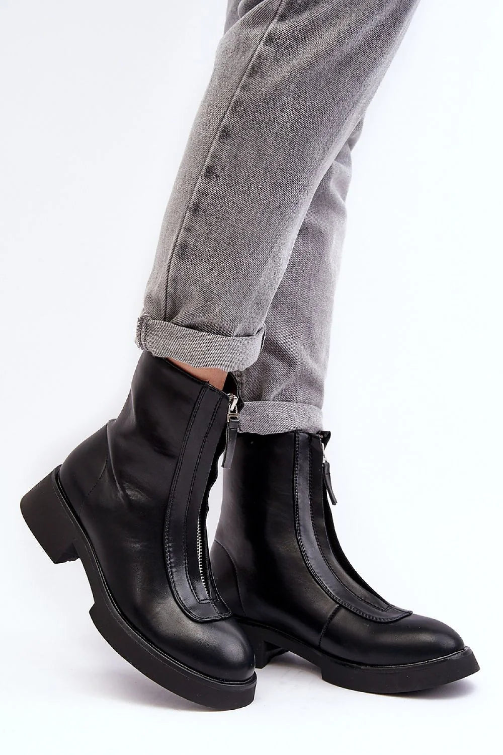 bottines femme cuir synthétique noir cheville montante fermeture éclair avant talon bloc bas plateforme semelle crantée