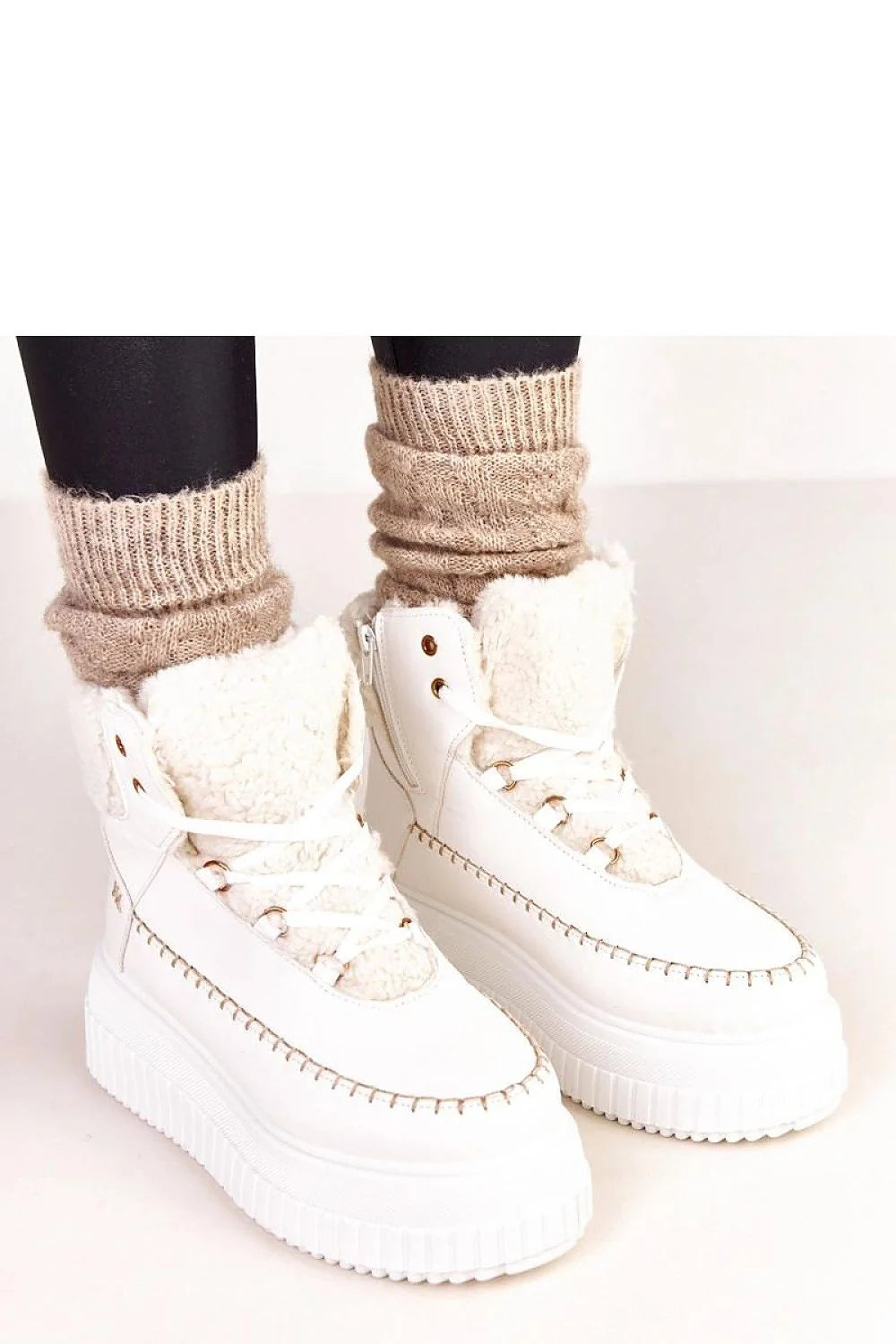 bottines sport femme lacets stylées urbanes confort quotidien cuir écologique synthétique crème sherpa fourré plateforme 6cm semelle crantée antidérapante cheville