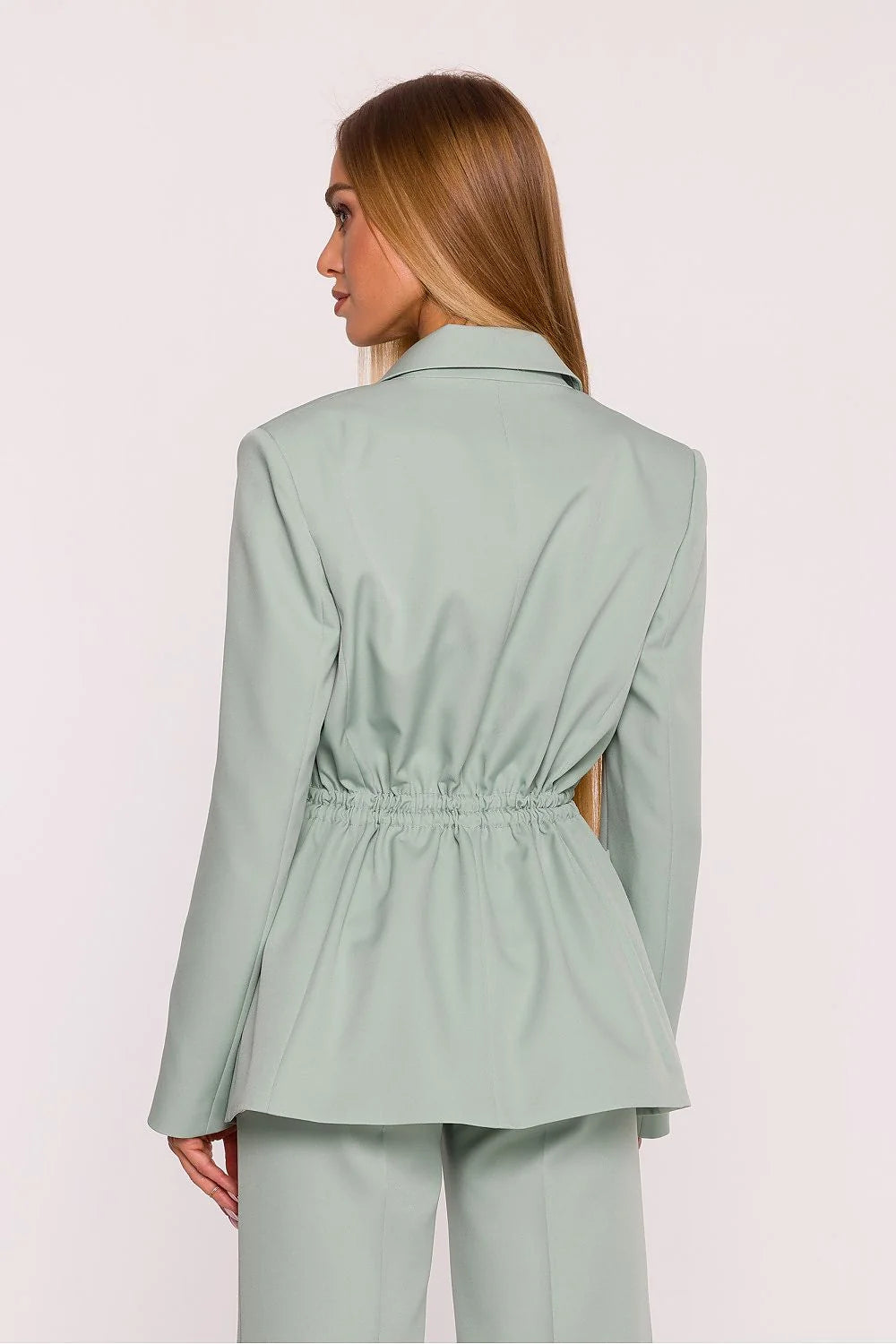 veste tailleur femme vert pâle blazer structuré cranté bouton unique oversize décontractée taille ajustable cordons métalliques poches manches longues doublée