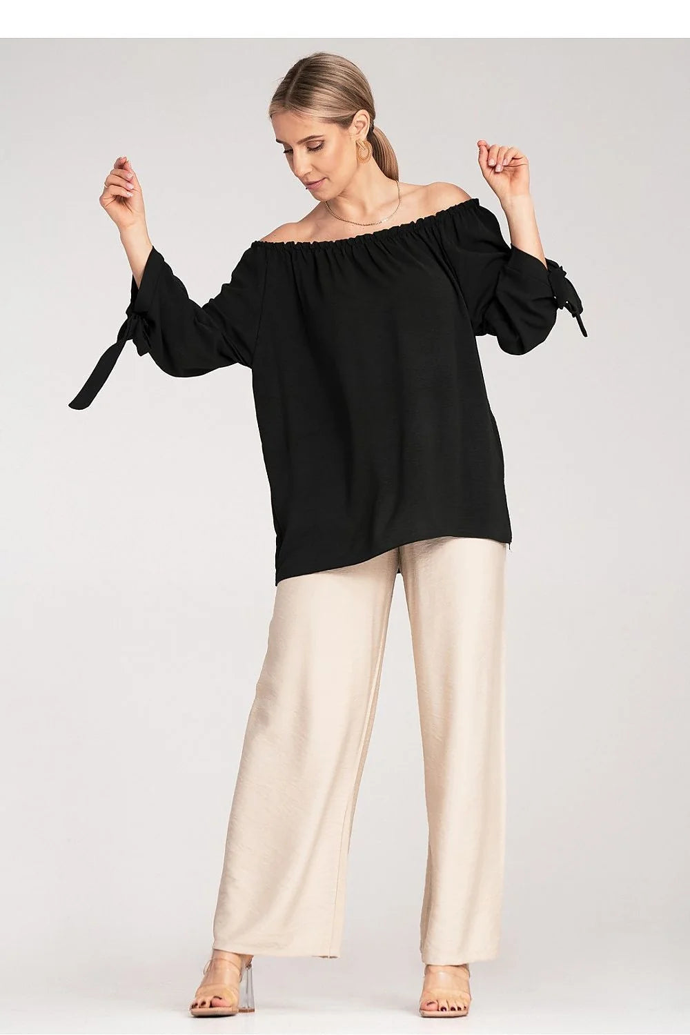 chemisier femme espagnol bardot épaules dénudées manches longues évasées noeuds décolleté froncé fluide léger polyester élasthanne noire élégant sophistiqué