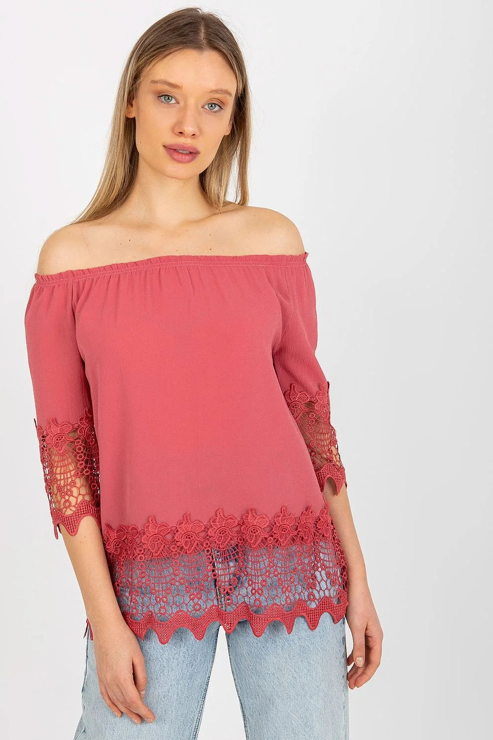 chemisier femme élégant décolleté espagnol épaules exposées manches troisquarts dentelle florale gris foncé coton élasthanne polyester léger respirant ample estival