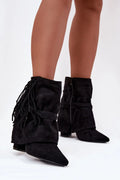 bottines femme cheville suédé écologique noir bout pointu talon bloc 10cm fermeture zippée latérale western bohème franges sangle croisée semelle