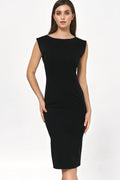 robe jour élégante droite ajustée midi genou noire encolure ronde dos V manches courtes stretch gainante