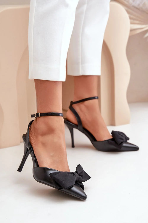 escarpins femme talons aiguille 9cm pointu similicuir noir slingbacks bride cheville réglable boucle métal grand nœud textile décoratif