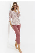 ensemble pyjama femme confortable élégant doux fluide jersey imprimé tacheté rose haut manches troisquarts dentelle pantalon troisquarts taille élastique