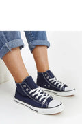 Baskets montantes femme style classique décontracté couleur bleu marine toile caoutchouc semelle adhérente lacets contrastants